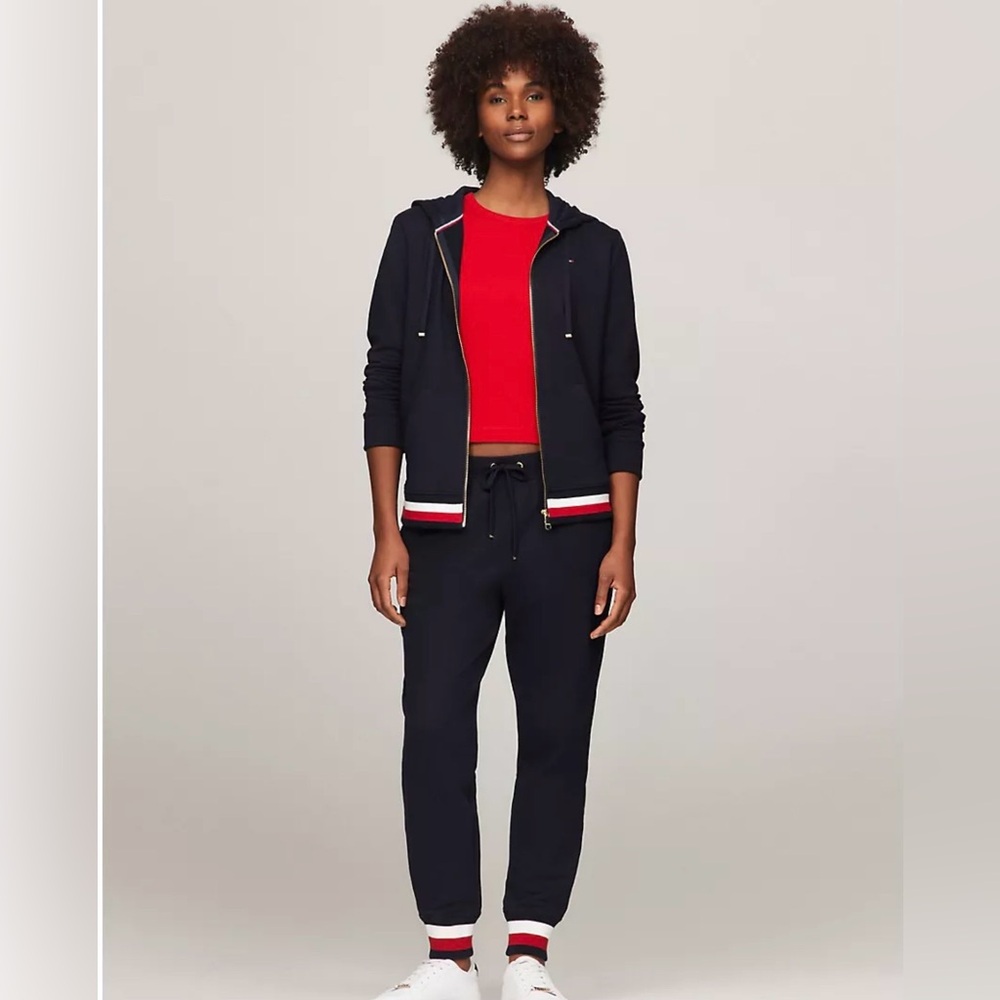 SET Tommy Hilfiger Navy Zip Hoodie & Joggers with Red & White Stripe Trim